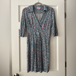 Lilly Pulitzer 100% Silk Peacock Pattern Blayney 3/4 Sleeve V-Neck Mini Dress